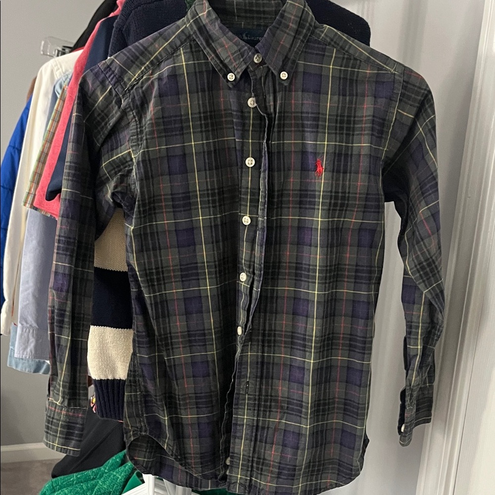 Ralph Lauren Green & Blue Plaid Shirt. Cream & green sweater. 2 pc Boy size 8.